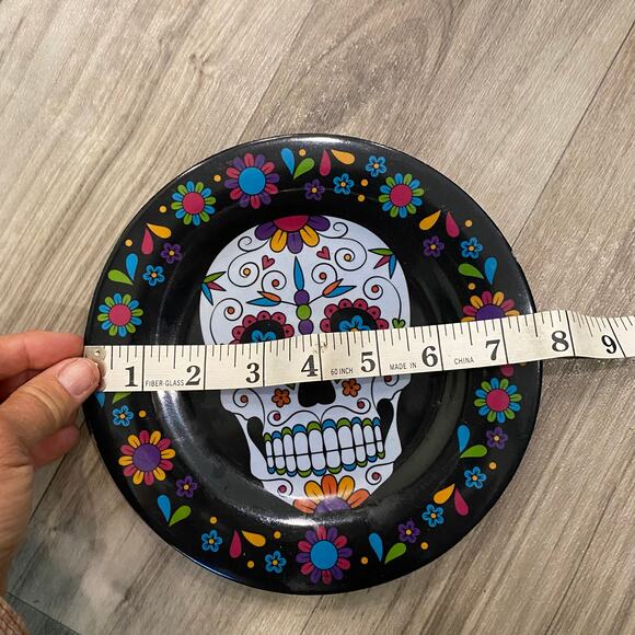 Pair of Black Sugar Skull Heavy Melamine  7-1/2" Snack Plates - Picture 5 of 5